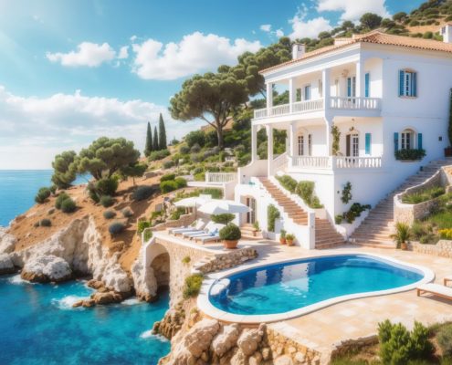 A luxury home on a cliff with a lavish swimming pool